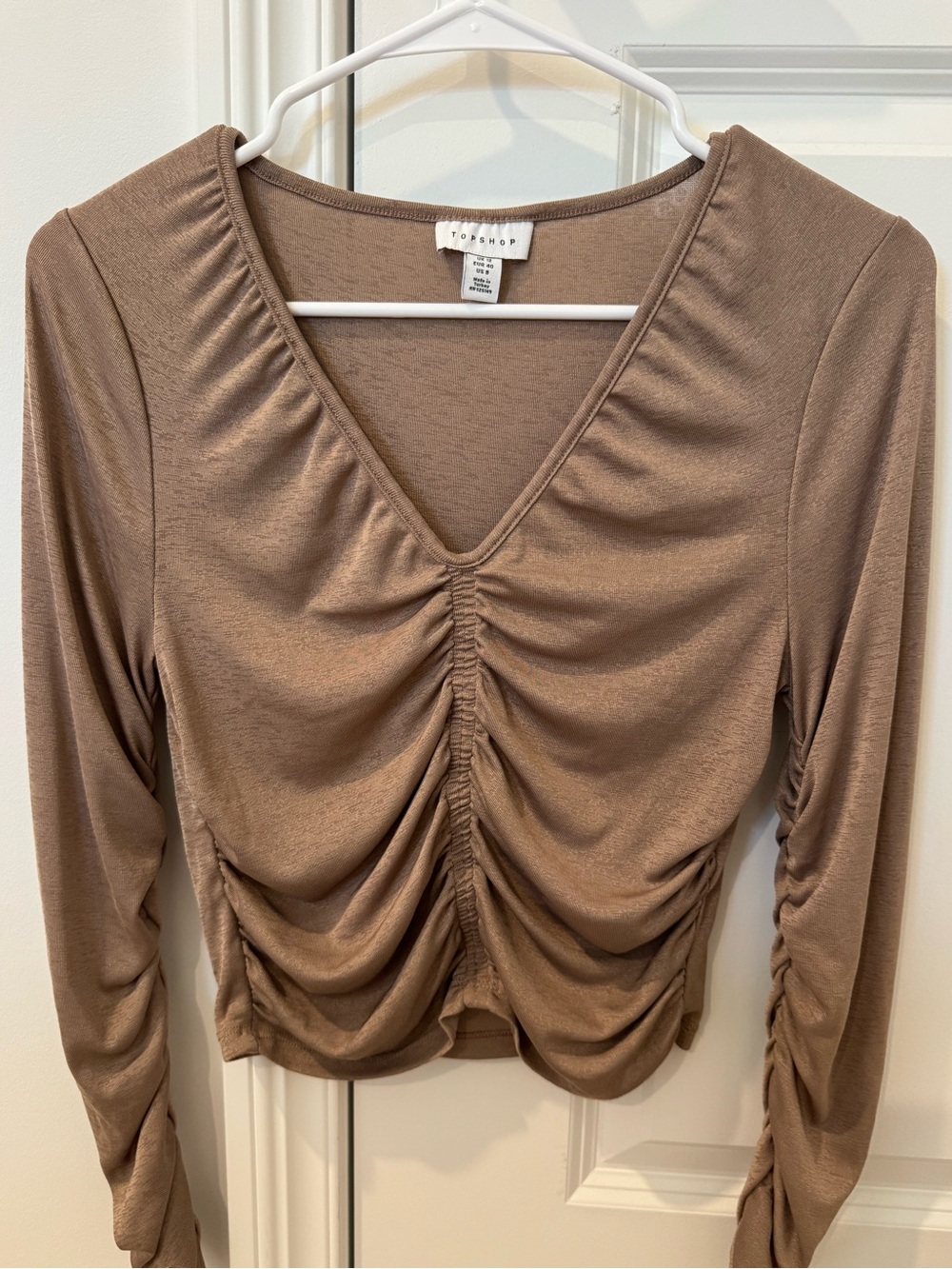 Topshop Ruched V-Neck Long Sleeve Top in Taupe - SIZE US 8